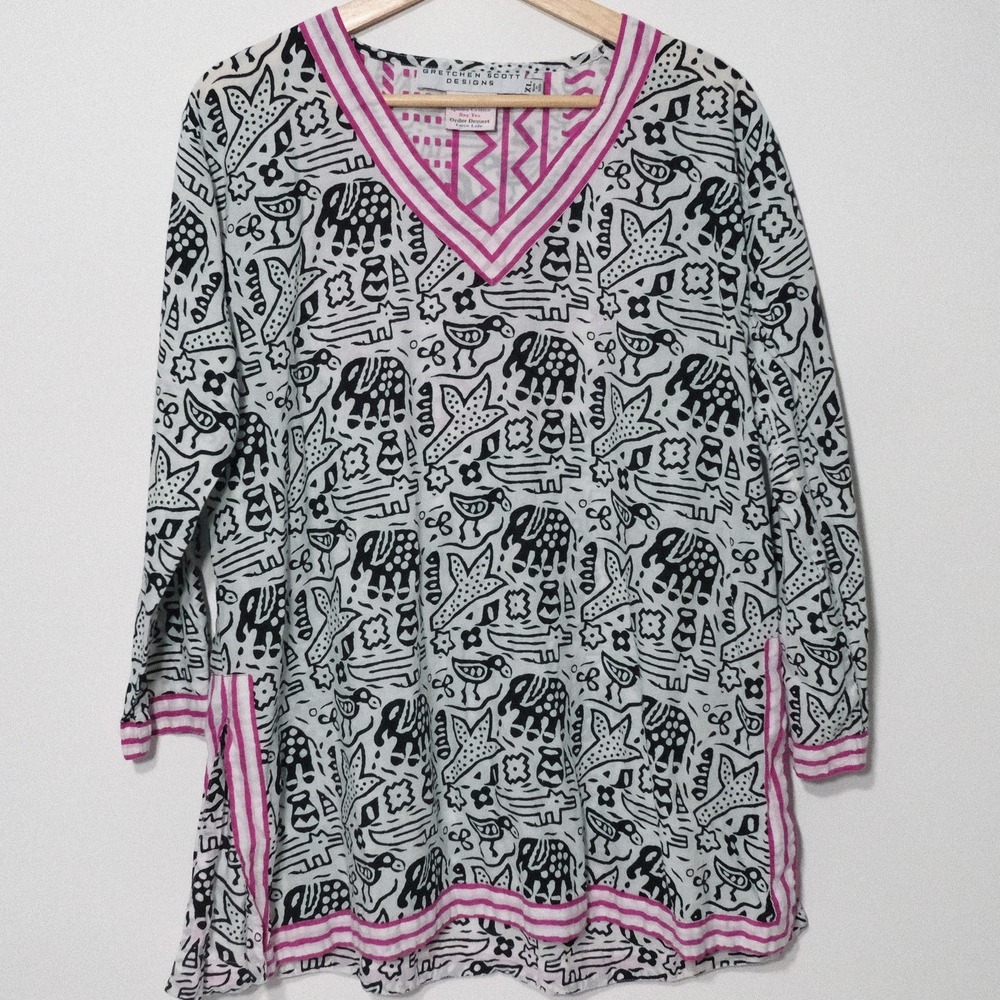 Gretchen Scott Jersey Split Neck Tunic Top Women XL White And Black Pullover